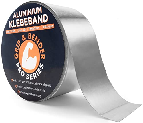 GRIP&BENDER Cinta adhesiva de aluminio para sellar – Cinta de aluminio impermeable para exteriores con 55 mm de ancho – Cinta autoadhesiva de aluminio para barrera de vapor (55 mm x 30 m)