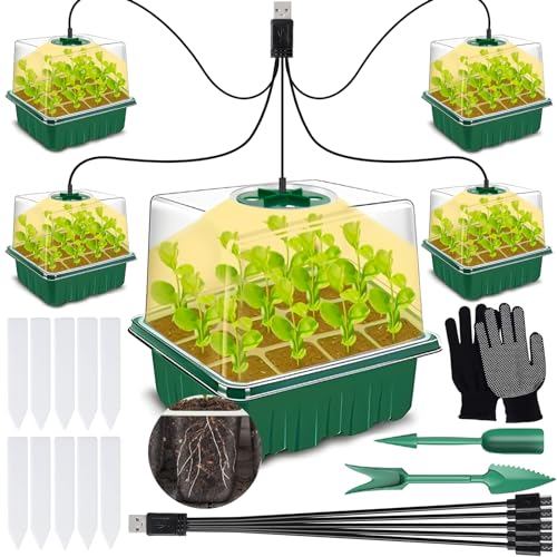 GUHAOOL Mini Cultivo de Invernadero, 5Pcs Bandejas Semilleros con Lámpara, Caja de Cultivo de Invernadero Interior con Tapa y Ventilaciones, 10 Etiquetas 2 Herramientas, Plantas Bandeja de Plántulas