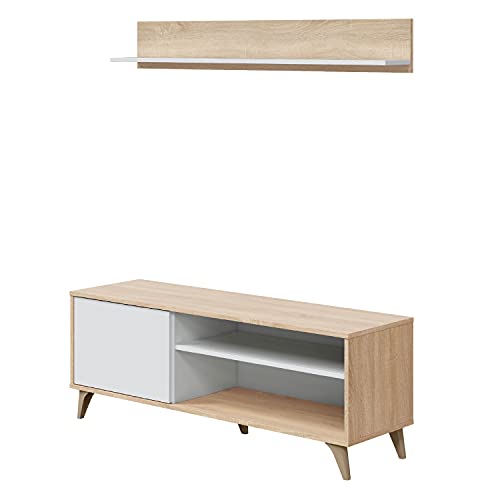 Habitdesign Modulo TV con Estante, Mueble de Salon, Juego de Muebles, Modelo Kikua Plus, Acabado en Blanco Artik y Roble Canadian, Medidas: 135 cm (Ancho) x 50 cm (Alto) 40 cm (Fondo)