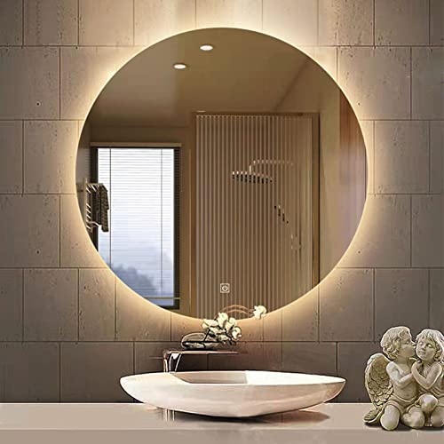 Habsi Espejo De Baño LED con Luz, Redondo Espejo De Tocador Retroiluminado, Antivaho, Circular, para Maquillaje, Montado En La Pared, IP44 (Color : Touch Button, Size : Warm Light 40cm)