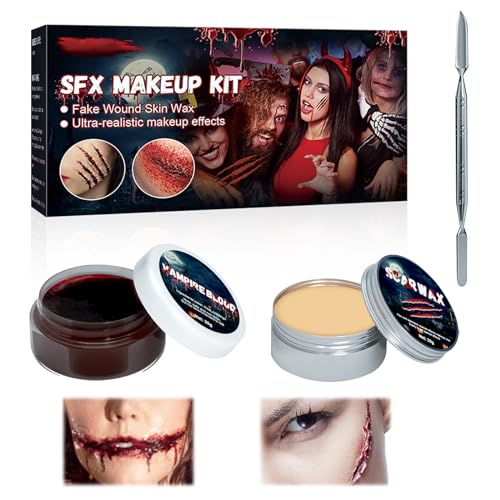 Halloween Special Effects Makeup Set, Cera para Cicatrices+Sangre Falsa+Doble Raspador, Kit de Maquillaje para Efectos Especiales de Halloween para Cicatrices de Vampiro Zombie Heridas