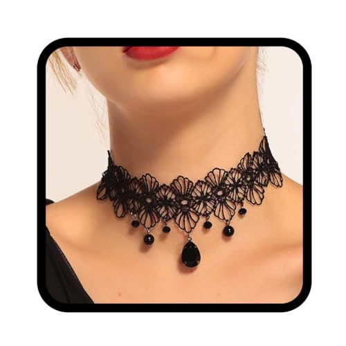 Handcess Gargantilla de encaje negro collar colgante de cristal collares góticos hueco flor gargantilla accesorios de joyería para mujeres y niñas