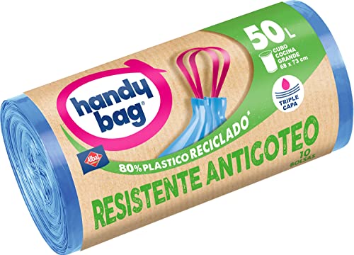 Handy Bag Bolsas de Basura Resistente Antigoteo, 100% Reciclado, Autocierre, 50L, 10 Bolsas, 1 Paquete