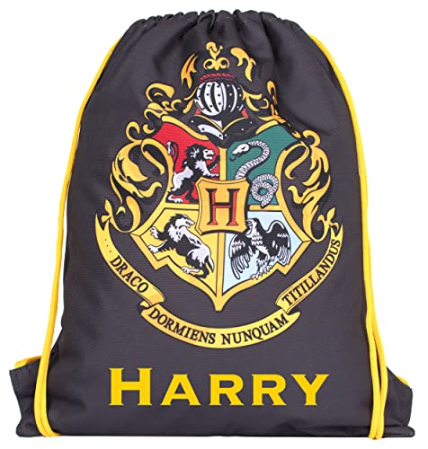 Harry Potter - Bolsa con cordón para niños - Mochila ligera personalizada - Bolsa de polietileno negra - 42 x 34 cm - Bolsa impermeable - Regalos de Harry Potter, Negro