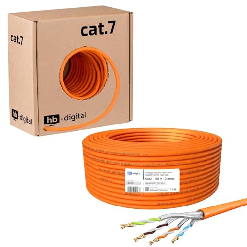 hb-digital 50m Cable de red CAT.7 Cable de instalación LAN AWG 23 Cobre puro S/FTP PiMF LSZH Cable de instalación Ethernet que cumple con RoHS Cable de datos PoE 10Gbit/s máx. 1000MHz Naranja