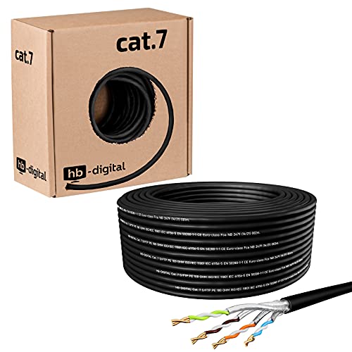 hb-digital 50m Cat 7 Cable de instalación al aire libre negro AWG23/1 PE S/FTP doble blindaje PIMF Puro Cobre 1000MHz 10Gbits Instalación de red Ethernet