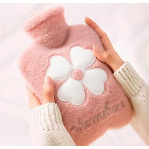 HealthyMoov - Bolsa de agua caliente (1 L, con funda de peluche, diseño de flores, alivia el dolor y proporciona una comodidad cálida y esponjosa, goma-suave y cómoda- Color rosa