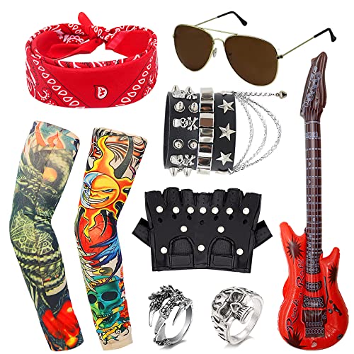 HEAWAA 11 Piezas Disfraces de Rock Accesorios, Punk Runk Gótico Rockero Kit con Manga Guitarra Inflable Gafas Bandana Guantes Pulsera Anillo para Hombres Adulto Fiesta Del Año 70 80 90