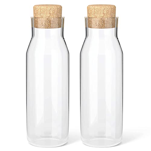 HEFTMAN Juego de 2 Botellas Cristal de 1 Litro - Botella Vidrio Transparente para Bebidas Frías y Calientes, Jarra con Tapa de Corcho, Tarros Suavizantes de Tela Reutilizables con Tapones