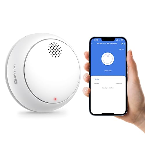 HEIMAN Detector de humo inteligente Wi-Fi, con batería de litio reemplazable, DIN EN14604, alarma de 85 dB, botón de silencio, color blanco
