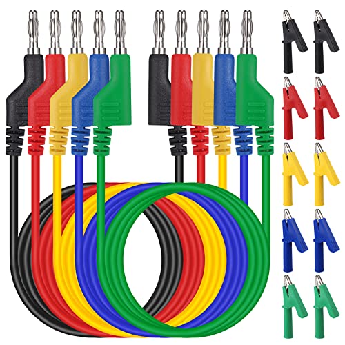 Hejo 15 Piezas Cables de Multímetro, Kit de Cable de Prueba de Sonda para Pruebas con Multímetro, 105cm 5 Colores Cable de Prueba de 4 mm con 10 piezas Pinzas de Cocodrilo