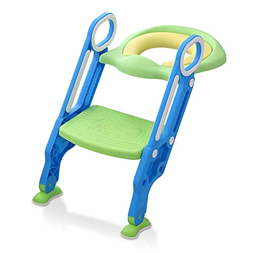 HENGMEI HM-VC-HAG1243BG - Asiento de inodoro para niños con escalera, plegable, altura regulable 38-42 cm, para niños de 1-7 años, color azul y verde
