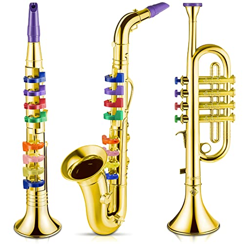 Herdear Set de 3 Juguetes de Instrumentos de Viento Musicales para Niños Saxofón de Juguete Trompeta Plástica Clarinete de Juguete con 8 Teclas Codificadas de Colores Canciones de Enseñanza (Oro)