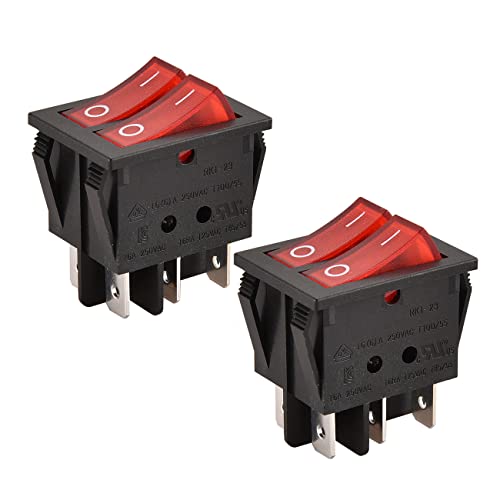 Heschen Doble interruptor basculante SPST encendido-apagado, con 6 Terminales, con luz roja, 16 A 250 VAC, pack de dos