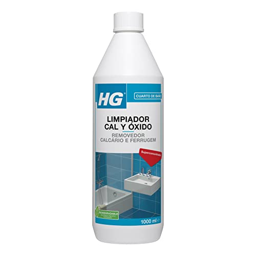 HG Limpiador Cal y Óxido, Elimina los Depósitos de Cal en Grifos de Lavabo e Inodoros, Limpiador y Descalcificador para Cabezales de Ducha, Baños y Bañeras de HG - 1 litro