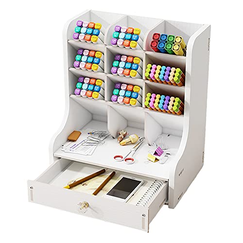 Hggzeg Organizador de escritorio con cajón de madera, multiuso, para bolígrafos y material de papelería para la oficina, el hogar y la escuela (JB11, blanco)