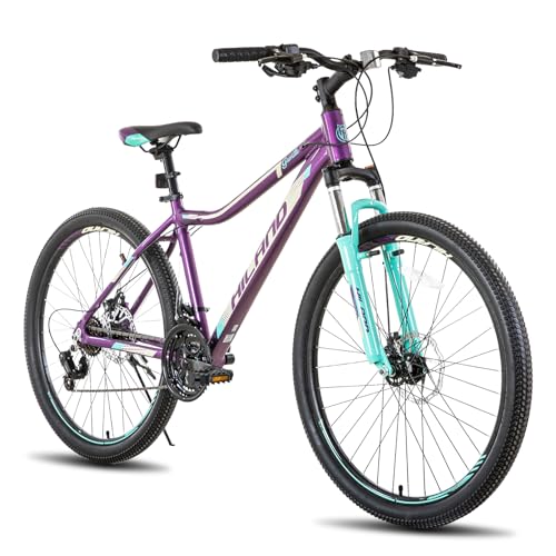 HILAND Bicicleta de Montaña de 26 Pulgadas, Cuadro de Aluminio, 24 Velocidades, Disco Dual con Horquilla de Suspensión Lock-out para Mujeres, Color Morado…