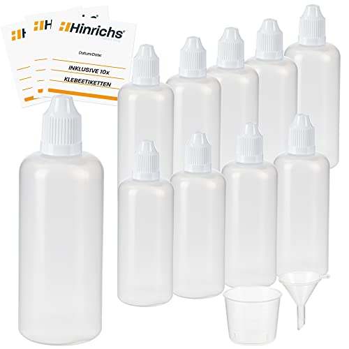 Hinrichs Botellas para líquido con sistema de goteo 10x100 ml. Con embudo de medición - 10 etiquetas - Para conservar líquidos - Seguro para niños - Calidad LDPE