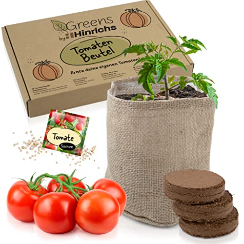 Hinrichs Greens Tomate Cultivo – Huerto Semillas Tomate Incluye Tierra de Cultivo - Bolsa de Yute Natural - Regalo de Cocina Regalo de Jardín - Planta Tomate Verdura Semilla
