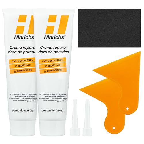 Hinrichs Wall Mending Agent, 250 g - Juego de Masilla para Reparar Paredes que contiene 2 Envases de 250 g de Masilla Tapar Agujeros Pared, 2 Masilla Pared interior, 2 Boquillas y Papel de Lija