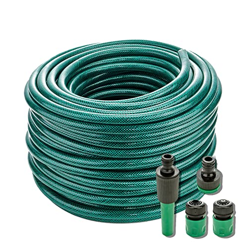 HOMECALL 50 Metre Reinforced PVC Garden Outdoor Water Hose Starter Set with Fittings and Spray Gun