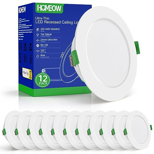 HOMEOW 12 Pack Downlight LED Techo Empotrable 7W, 230V IP44 Focos LED Interior Techo Empotrable, 6000K Blanco Frío Ojos de Buey LED para Techo Baño/Cocina, Diámetro 118mm, Φ95-105mm