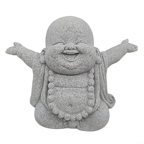 HpLive Estatua de Buda para meditar bebé, adorno de jardín, estatua de jardín de Buda sonriente, escultura de piedra arenisca, decoración de estatua para interiores y exteriores