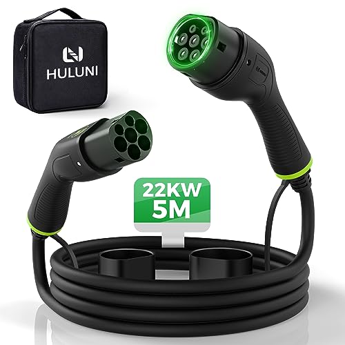 HULUNI Cable de Carga Tipo 2 para vehículos eléctricos EV, 22 kW, 32 A, 5 m, 3 Fases, Cable de Carga PHEV, Tipo 2 a Tipo 2, Compatible con Modelo 3/S/X/Y, i3, ID.3, ID.4, E-Tron, IONIQ 5, ZOE, Kona