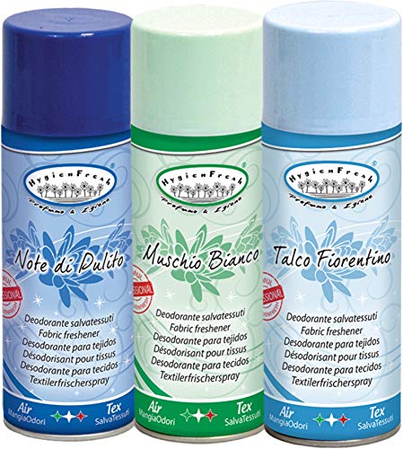 Hygienfresh Spray ambientador para coche, ambientador de ropa para lavadora, elimina olores y tejidos, perfume, armario, ambiente, cajones, ambientador, coche, musgo, notas talco, 3 x 400 ml