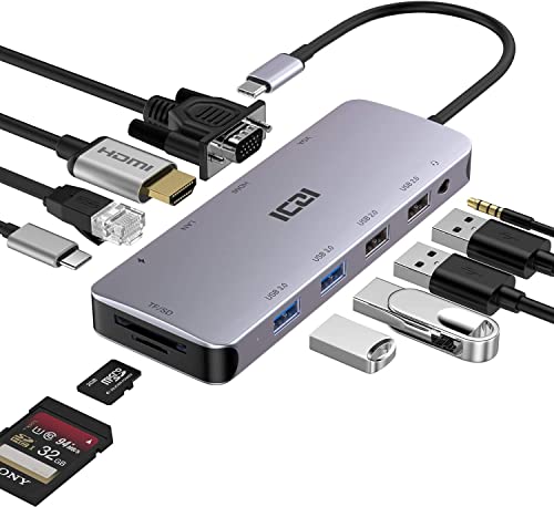 ICZI Hub USB C 11 en 1 con HDMI 4K y VGA 1080P, adaptador USB C multipuerto para ordenador (HDMI/VGA/Ethernet/Power Delivery/Audio/SD/TF/4 puertos USB) Dock Station compatible con MacBook,HP,Dell,ASUS