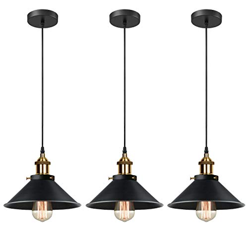 iDEGU 3 Piezas Lámparas Colgantes Vintage, 22CM Lámparas de Techo Retro de Metal Estilo Edison Industrial E27 Iluminación para Comedor, Cocina, Salón, Bar, Restaurante (3x Negro)