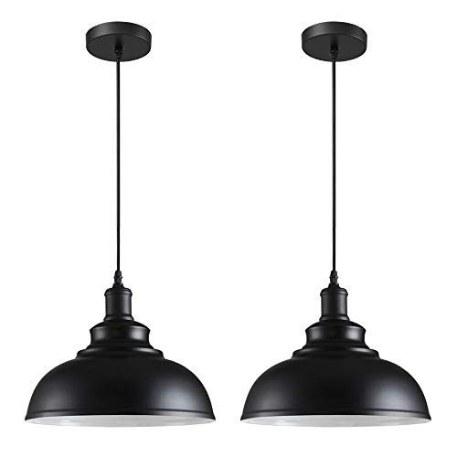 iDEGU Juego de 2 Lámparas de Techo Industriales, Lámpara Colgante Estilo Vintage Pantalla de 29CM en Metal E27 Iluminación de Techo Retro para Cocina Comedor Salón Restaurante (Negro, Interior Blanco)