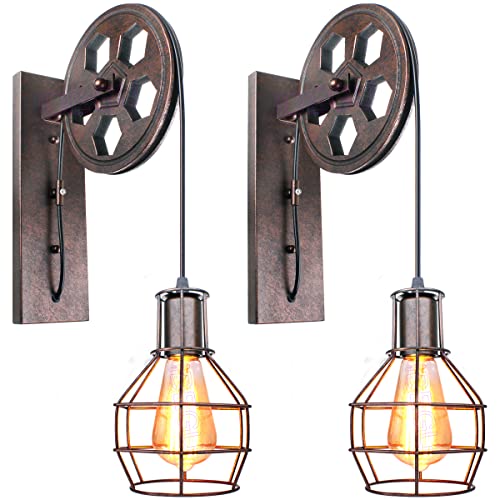 iDEGU Vintage Lámparas de Pared Industrial Apliques de Pared Estilo de Polea Luz de Pared para Dormitorio, Sala de Estar, Restaurante, Bar (2 piezas - Óxido)