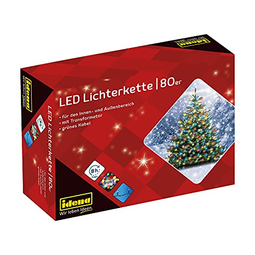Idena 8325059 - Cadena de luces LED con 80 LEDs de colores, con función de temporizador de 8 horas y transformador, para uso en interiores y exteriores, para fiestas, navidad, decoración, bodas