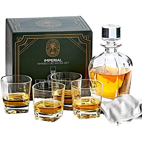 Imperial - Juego de decantador de whisky escocés para hombre - Decantador de cristal sin plomo elegante con 4 vasos - Dispensador de licor de bourbon - Paño de pulido