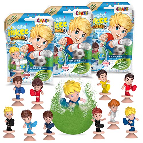 INKEE Pack de 3 Bombas de baño para niños con figura Sorpresa de Jugador de Fútbol, Bombas de baño con aroma a Palomitas, Color verde o azul, 80g, 1 de 6 diseños, Aleatorio, Sin Gluten