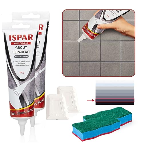 Ispar Kit de reparación de juntas para juntas de azulejos con espátula y esponja, mortero de azulejos, masilla para renovar las juntas, Gris antracita (2 unidades)