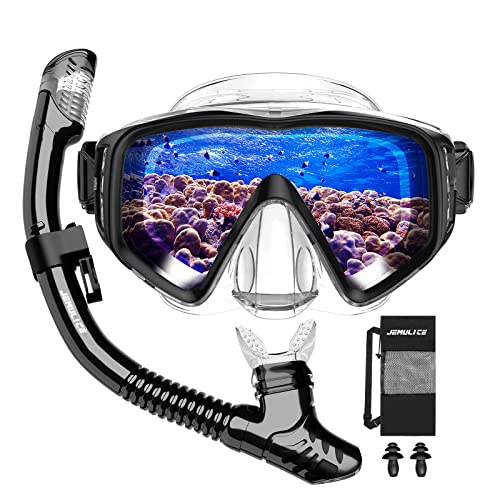 JEMULICE Gafas y Tubo de Snorkel Set para Adulto, Panorámico de 180° Gafas de Buceo Adulto de Cristal Templado y Dry Top Snorkel, Equipo de Buceo Juego de Snorkel Profesional para Mujeres Y Hombres