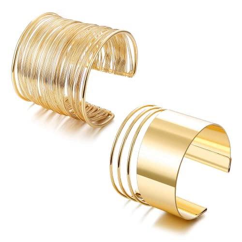 JeryWe 2 piezas brazalete manguito ancho brazalete conjunto para las mujeres abiertas pulseras de alambre de bobina ajustable brazalete conjunto oro/plata