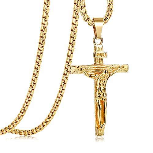 JeweBella Cruz Collar Hombres Acero Inoxidable Jesús Crucifijo Colgante Collar con Cadena Veneciana 61CM Plata/Oro/Negro Joyería Religiosa Regalo (Oro)