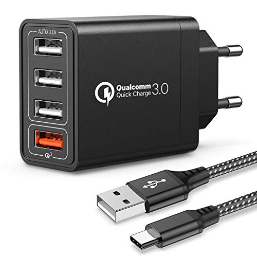 JOOMFEEN Quick Charge 3.0 Cargador USB de Pared con Cable USB Tipo C,30W QC 3.0 Cargador Móvil 4 Puertos Cargador de Red USB Carga Rapida para Samsung Galaxy S10E/S9/S8/Note8,Huawei P20,Xiaomi(Negro)