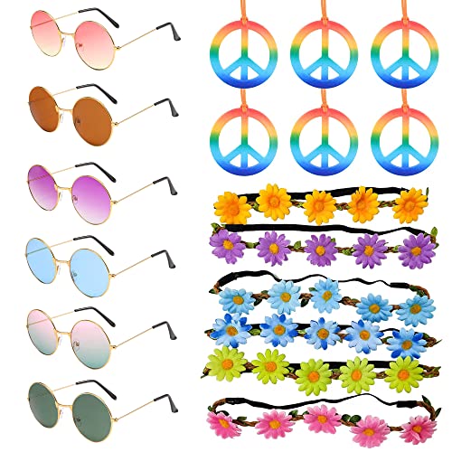 Juego de 18 accesorios de disfraz hippie para, gafas de sol redondas retro, collares con el signo de la paz y diademas de margaritas y girasoles para accesorios de vestir de los años 60 y 70 de hippie