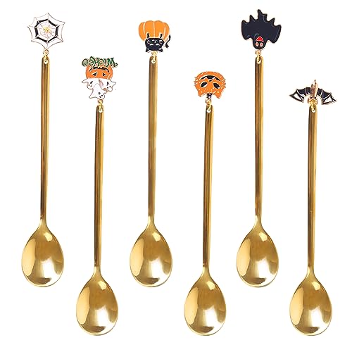 Juego de 6 cucharillas de Halloween para Halloween, cucharas de metal, fantasmas, calabaza, telaraña, murciélago, gato, acero inoxidable, cucharas de café para leche, té, espresso, postre, tartas,