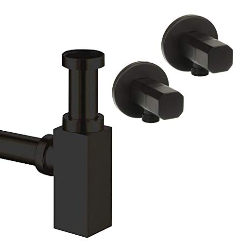Juego de sifón de diseño cuadrado, color negro mate, con válvula de esquina / desagüe para lavabo, desagüe, juego de desagüe, sifón, tubo de sifón