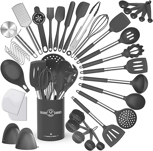 Juego de utensilios de cocina, 34 piezas, de silicona, resistentes al calor, con soporte para utensilios, antiadherente, con mango de acero inoxidable, apto para lavavajillas, color gris