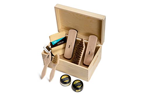 Kaps Kit Completo de Limpieza y Cuidado del Calzado, Set de 9 Artículos para el Cuidado de Botas y Zapatos de Cuero, Kit de Limpieza de Calzado con Caja de Madera de Regalo