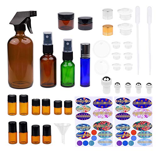 Kare & Kind Kit de Botellas de Aceite Esencial Recargables - 16 Botellas/Tarros de Aceite Esencial de Varios tamaños, 3 Atomizadores, 16 Tapas, 78 Etiquetas (4 tamaños), 2 Goteros + Embudo