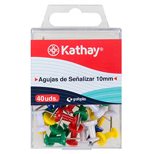 Kathay 86400399. Caja de 40 Chinchetas Colores, Agujas de Señalizar, 10mm, Colores Surtidos