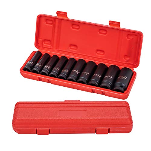 KATSU 1/2" llaves de Vaso Impacto 10 Piezas, 10mm a 24mm Juego de Llaves de Vaso de Impacto Profundo, Llave Métrica Resistente, Herramienta de Reparación Motores Camiones Tractores 420440