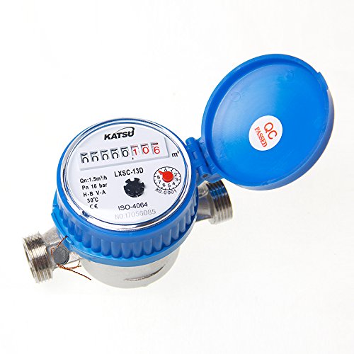 KATSU Medidor de Agua Fría13 mm Plástico ABS Medidor de Flujo de Agua Doméstico de Jardín con Accesorios de Latón, Medidor de Contador Seco